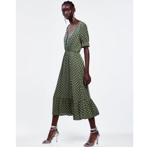 Zara Green Polka Dot Midi Dress With Slit